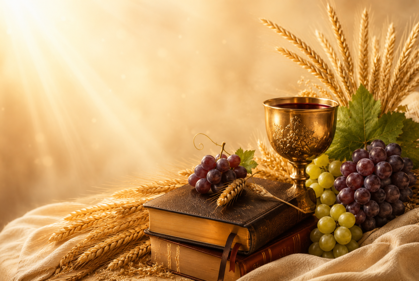 Bíblia, cálice, uvas e trigo iluminados
